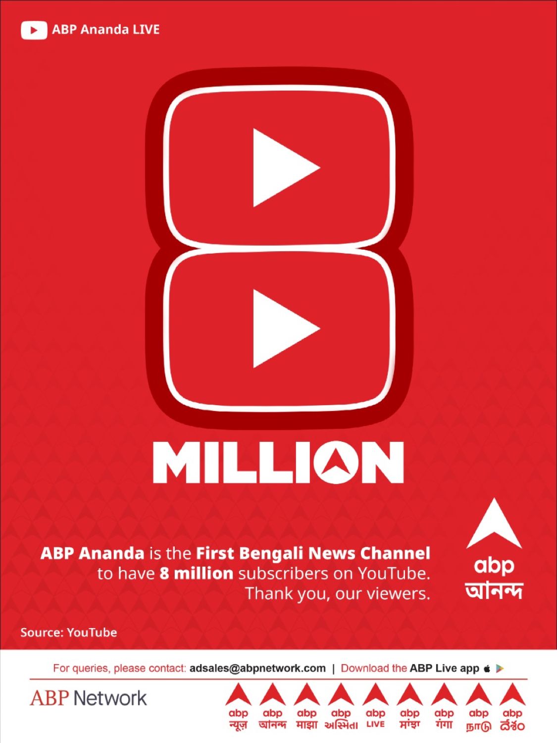 ABP Ananda hits a record 8mn views on YouTube, becomes the first Bengali news channel to achieve this mileston